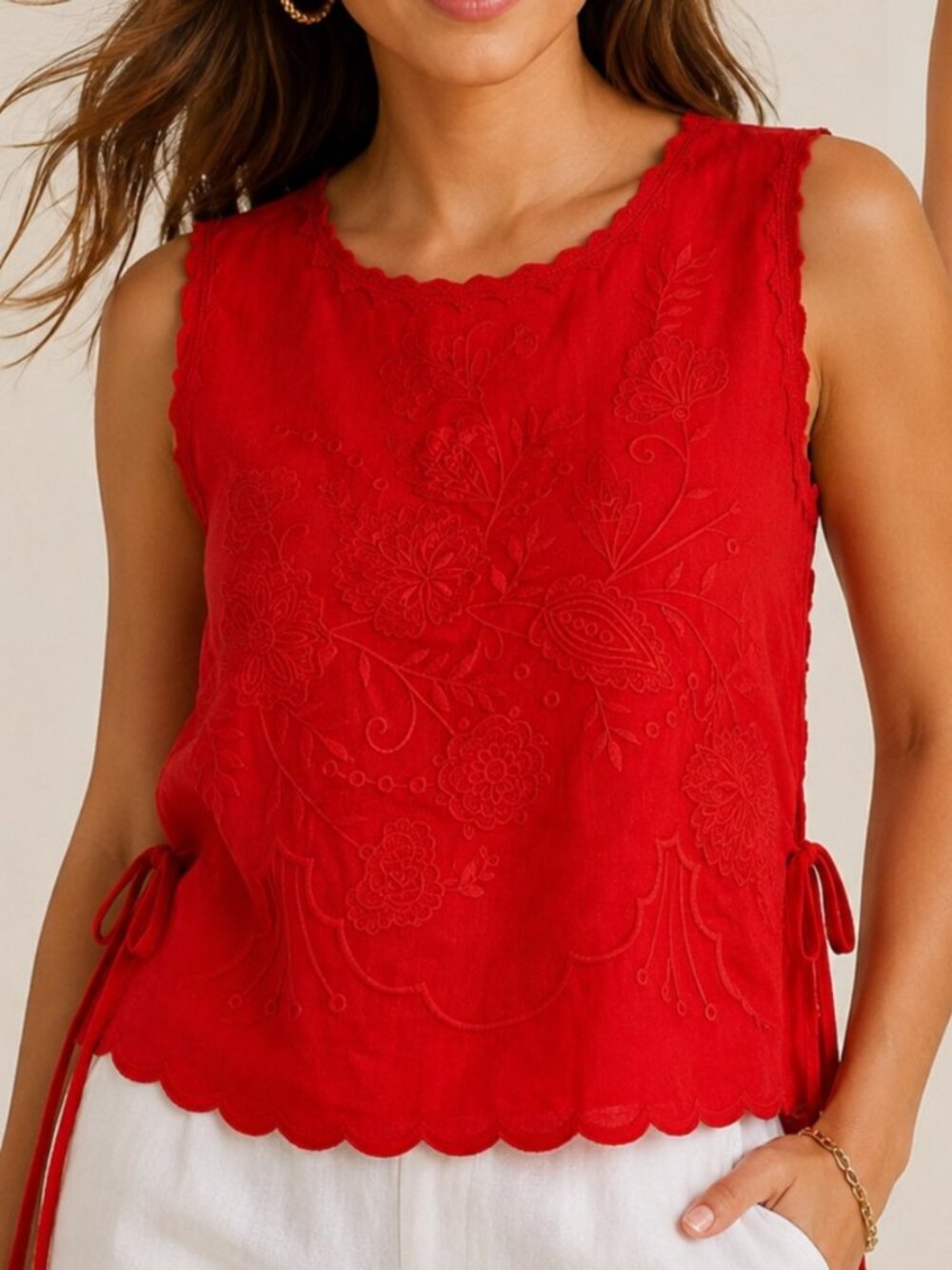 Caroline Constas Embroidered Tie Top | Red Linen Blend | Sleeveless | Size L